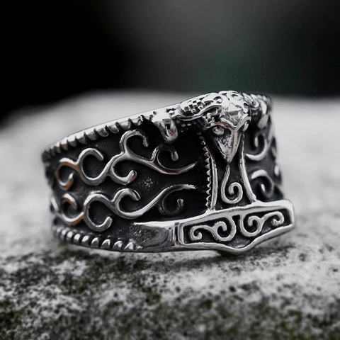 Vintage Men Stainless Steel Nordic Viking Thor's Hammer Ring Mjolnir Goat Head Relief Biker Punk Rock Finger Ring Jewelry