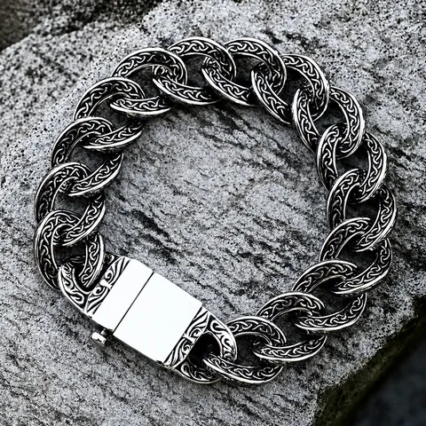 Bracelet Viking en Acier Titane avec Nœud Celtique pour Homme Motif Runes Nordiques Bracelet Chaîne Argent Antique Bijoux