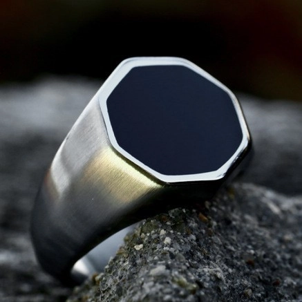 Vintage Stainless Steel Hexagonal Ring For Men Black Enamel Inlay Geometric Polished Brushed Band Ring Fashion Jewelry Gift