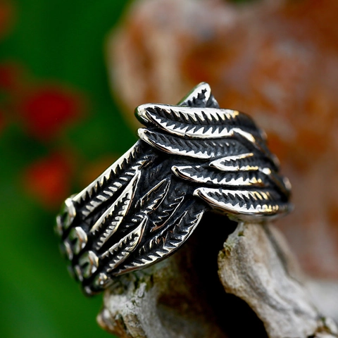 Vintage Titanium Steel Feather Angel Wings Ring For Men Gothic Distressed Oxidized Biker Punk Band Jewelry Gift Idea