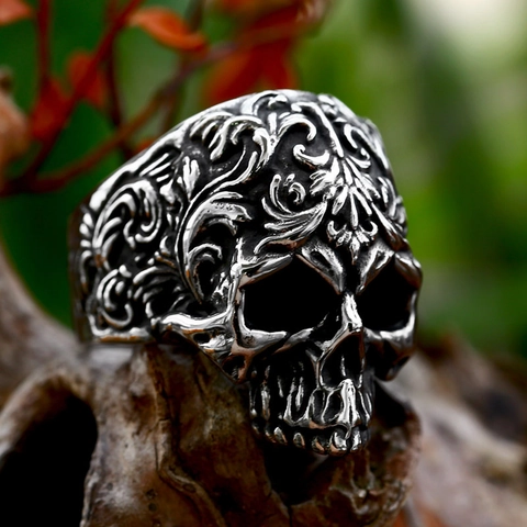Vintage Punk Hip Hop Schedel Ring Voor Mannen Gothic Biker Gesneden Bloem Titanium Roestvrij Staal Ring Band Heavy Metal Sieraden