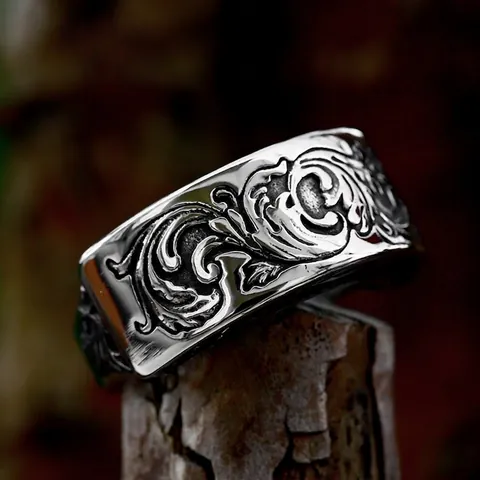 Vintage Titanium Steel Engraved Floral Ring For Men Gothic Baroque Style Acanthus Leaf Band Distressed Fashion Jewelry