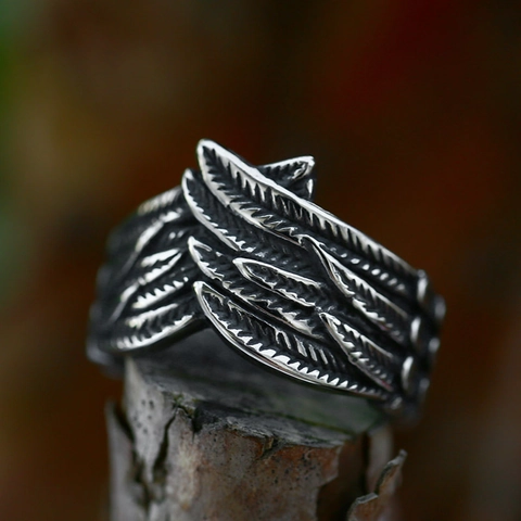 Vintage Titanium Steel Feather Angel Wings Ring For Men Gothic Distressed Oxidized Biker Punk Band Jewelry Gift Idea