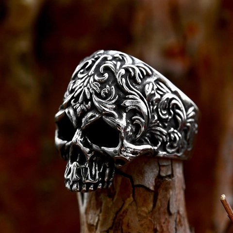 Vintage Punk Hip Hop Schedel Ring Voor Mannen Gothic Biker Gesneden Bloem Titanium Roestvrij Staal Ring Band Heavy Metal Sieraden