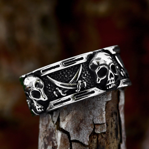 Stainless Steel Skull Ring For Men Punk Hip Hop Retro Cross Scythe Pirate Gothic Distressed Wide Band Biker Jewelry