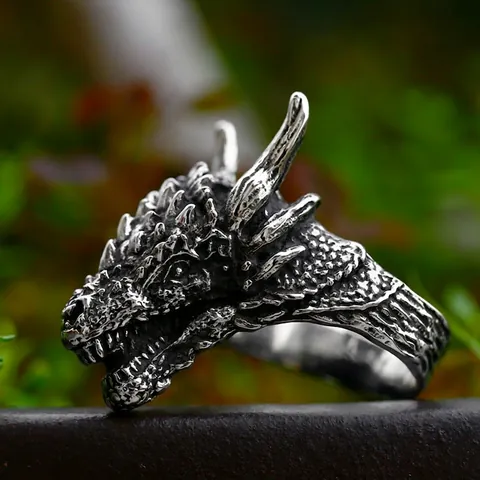 Retro Stainless Steel Dragon Head Ring For Men Vintage Punk Gothic Biker Animal Statement Jewelry Polished Antique Silver Finish