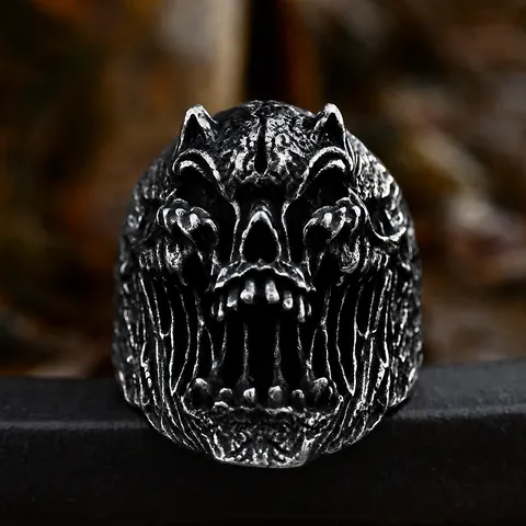 Vintage Gothic Roestvrij Stalen Schedel Ring Voor Mannen Punk Rock Demon Hoektanden Biker Ring Heavy Metal Hip Hop Sieraden Cadeau
