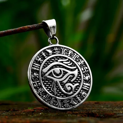 Ciondolo Rotondo in Acciaio Inossidabile Egiziano Occhio Di Horus Collana Antica Ankh Geroglifici Argento Antico Gioielli Regalo
