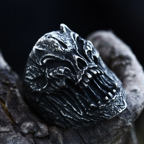 Vintage Gothic Roestvrij Stalen Schedel Ring Voor Mannen Punk Rock Demon Hoektanden Biker Ring Heavy Metal Hip Hop Sieraden Cadeau