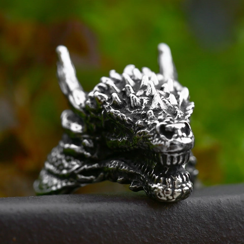 Retro Stainless Steel Dragon Head Ring For Men Vintage Punk Gothic Biker Animal Statement Jewelry Polished Antique Silver Finish