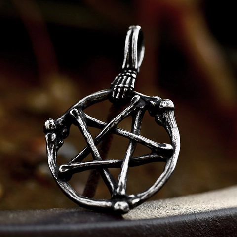 Vintage Stainless Steel Skull Bone Pentagram Pendant Gothic Skeleton Hand Charm Halloween Jewelry Pendant Only Without Chain