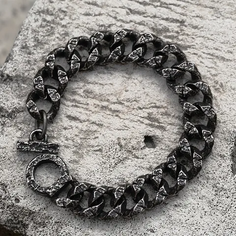 Bracciale da Uomo Vintage in Acciaio Inossidabile Maglia Cubana con Texture Roccia Martellata Chiusura Toggle Gioielli Retrò