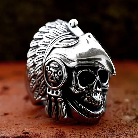 Vintage Stainless Steel Skull Eagle Headdress Ring For Men Biker Punk Gothic Antique Silver Ethnic Indian Warrior Head Jewelry