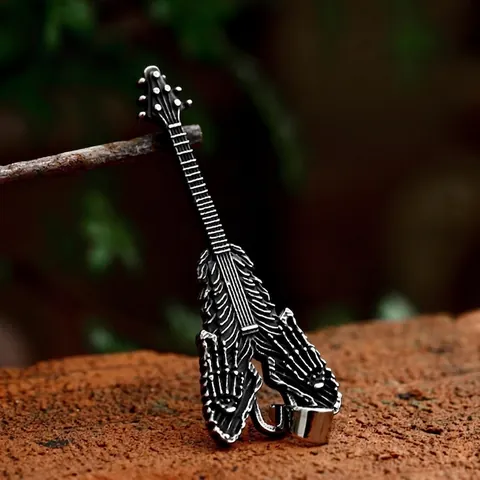 Gothic Rock Edelstahl Skelett Gitarre Anhänger Für Herren Vintage Punk Rippen Knochen Hand Musik Schmuck Ohne Kette
