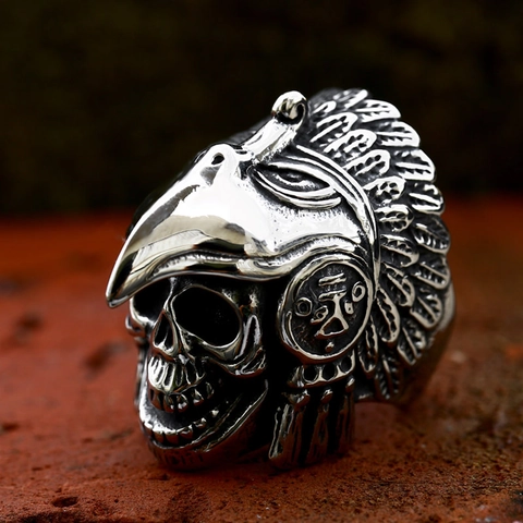 Vintage Stainless Steel Skull Eagle Headdress Ring For Men Biker Punk Gothic Antique Silver Ethnic Indian Warrior Head Jewelry