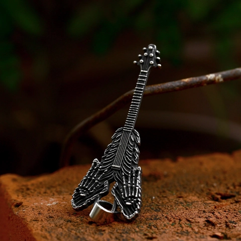 Gothic Rock Edelstahl Skelett Gitarre Anhänger Für Herren Vintage Punk Rippen Knochen Hand Musik Schmuck Ohne Kette