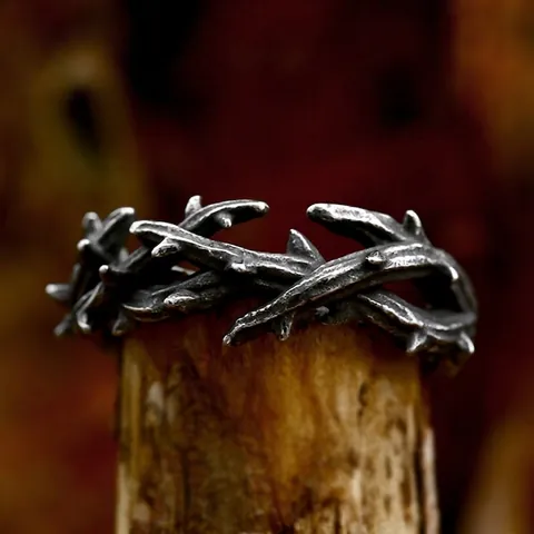 Retro Doornentak Ring Voor Heren Vintage Roestvrij Staal Hip Hop Punk Stijl Bandring Gothic Geoxideerde Sieraden Cadeau