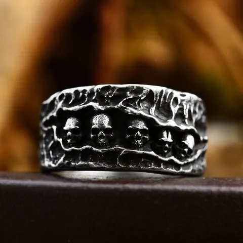 Vintage Stainless Steel Skull Ring For Men Gothic Punk Rock Texture Wide Band Jewelry Halloween Party Biker Ring Gift