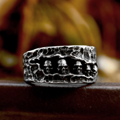 Vintage Stainless Steel Skull Ring For Men Gothic Punk Rock Texture Wide Band Jewelry Halloween Party Biker Ring Gift