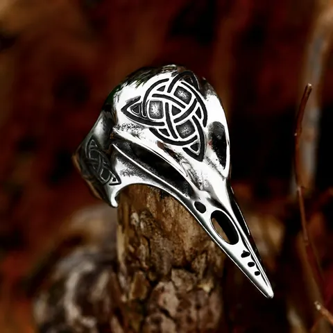Viking Gothic Bird Skull Ring Stainless Steel Celtic Knot Antique Silver Men Jewelry Vintage Punk Crow Skull Biker Finger Ring