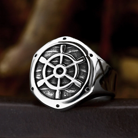 Vintage Stainless Steel Men Skull Nautical Helm Ring Punk Gothic Biker Signet Ring Distressed Silver Black Fashion Jewelry