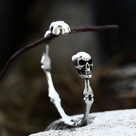 Bracciale Rigido Punk Gothic in Acciaio Inossidabile Con Teschio Scheletro Argento Antico Vintage per Uomo Hip Hop Gioielli