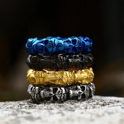 Gothic Punk Stainless Steel Skull Ring For Men Vintage Skeleton Band Ring Gold Black Blue Silver Biker Fashion Jewelry