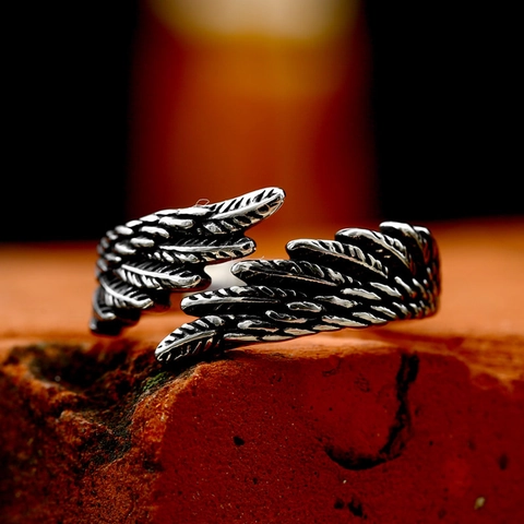 Vintage Stainless Steel Angel Wings Feather Open Ring For Men Gothic Punk Wing Adjustable Fashion Jewelry Finger Ring