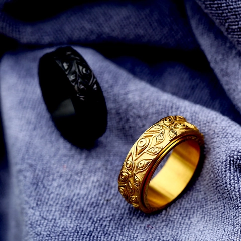 Vintage Stainless Steel Evil Eye Spinner Ring For Men Gothic Embossed Rotating Band Ring Retro Gold Black Finger Jewelry