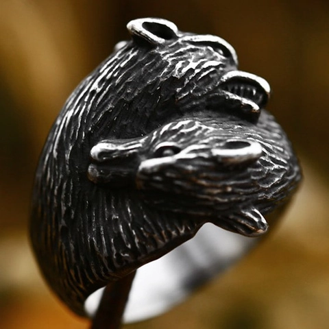 Stainless Steel Vintage Double Dragon Head Open Ring Gothic Punk Animal Band For Men Retro Jewelry Gift