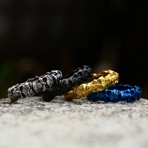 Gothic Punk Stainless Steel Skull Ring For Men Vintage Skeleton Band Ring Gold Black Blue Silver Biker Fashion Jewelry
