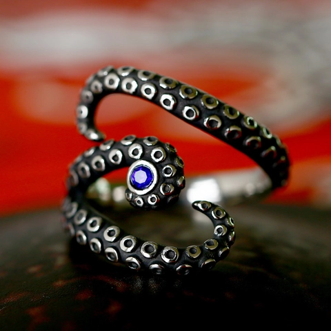 Anillo Abierto de Tentáculo de Pulpo Vintage Acero Inoxidable Zirconia Azul Incrustado Ajustable Retro Gótico Joyería