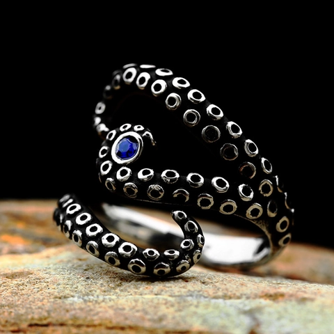 Anillo Abierto de Tentáculo de Pulpo Vintage Acero Inoxidable Zirconia Azul Incrustado Ajustable Retro Gótico Joyería
