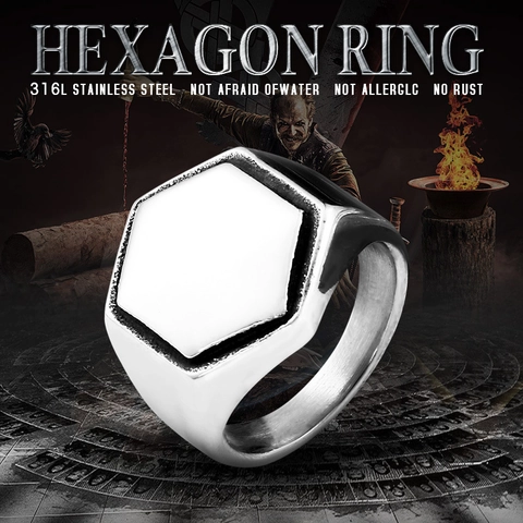 Polished Titanium Steel Hexagon Signet Ring For Men Vintage Geometric Silver Color Band Ring Punk Street Fashion Jewelry