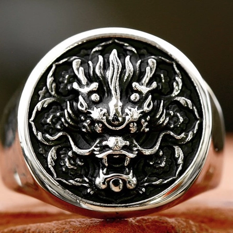 Men's Retro Stainless Steel Signet Ring Chinese Dragon God Relief Embossed Punk Gothic Ethnic Religious Band Jewelry Accessory