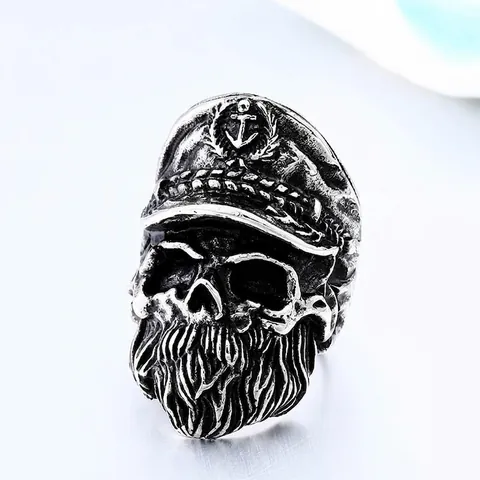 Vintage Stainless Steel Skull Captain Hat Anchor Ring For Men Punk Gothic Distressed Silver Sailor Biker Jewelry Finger Ring