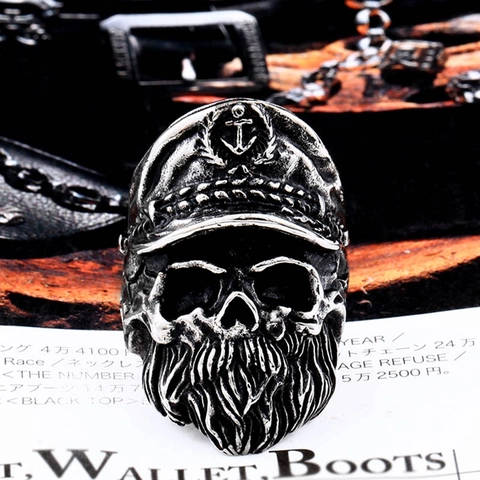 Vintage Stainless Steel Skull Captain Hat Anchor Ring For Men Punk Gothic Distressed Silver Sailor Biker Jewelry Finger Ring