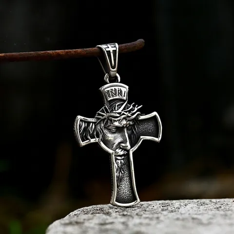 Vintage Edelstahl Jesus Christus Kruzifix Kreuz Anhänger Für Herren Retro Totenkopf Schnitzerei Religiöser Antiksilber Schmuck