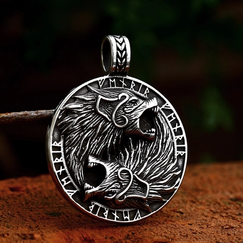 Vintage Stainless Steel Nordic Viking Wolf Head Pendant For Men Retro Rune Round Compass Charm Jewelry Gift Without Chain