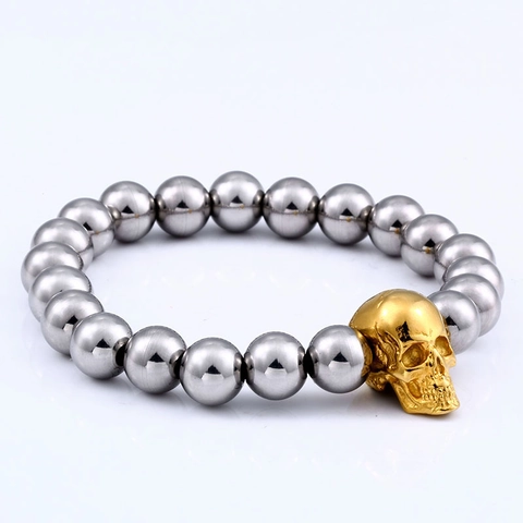 Men Titanium Steel Skull Beaded Bracelet Punk Gothic Vintage Distressed Polished Metal Bead Bangle 316L Jewelry Accessory