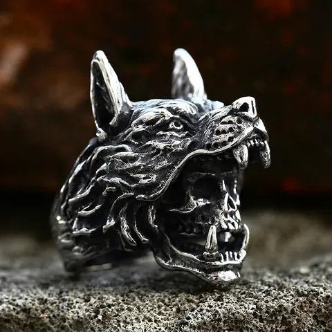 Men's Vintage Stainless Steel Wolf Head Ring With Skull Punk Gothic Animal Biker Band Ring Distressed Retro Silver Jewelry