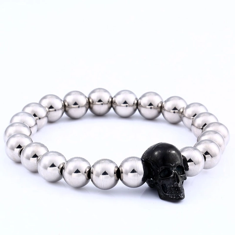 Men Titanium Steel Skull Beaded Bracelet Punk Gothic Vintage Distressed Polished Metal Bead Bangle 316L Jewelry Accessory