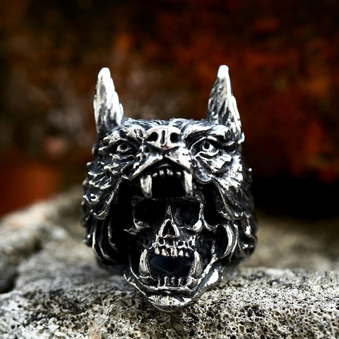Men's Vintage Stainless Steel Wolf Head Ring With Skull Punk Gothic Animal Biker Band Ring Distressed Retro Silver Jewelry