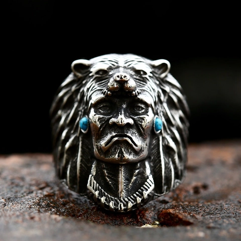 Retro Stainless Steel Indian Chief Bear Head Ring With Turquoise Inlay Tribal Biker Punk Band Ring For Men Jewelry Gift