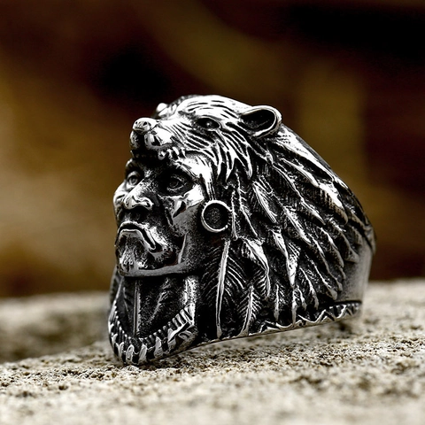 Retro Stainless Steel Indian Chief Bear Head Ring With Turquoise Inlay Tribal Biker Punk Band Ring For Men Jewelry Gift