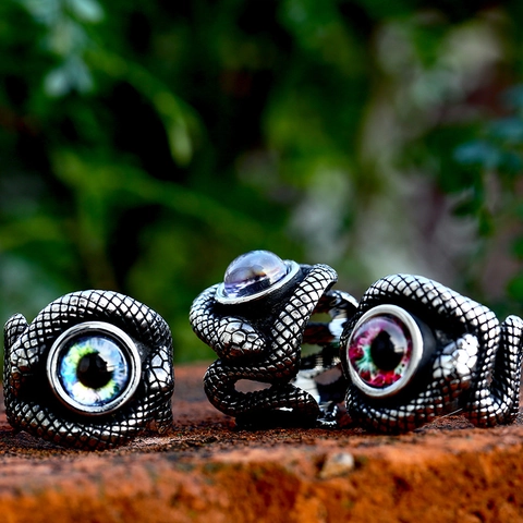 Vintage Stainless Steel Snake Ring For Men Punk Gothic Evil Eye Pattern Band Ring Polished Jewelry Accessory Gift