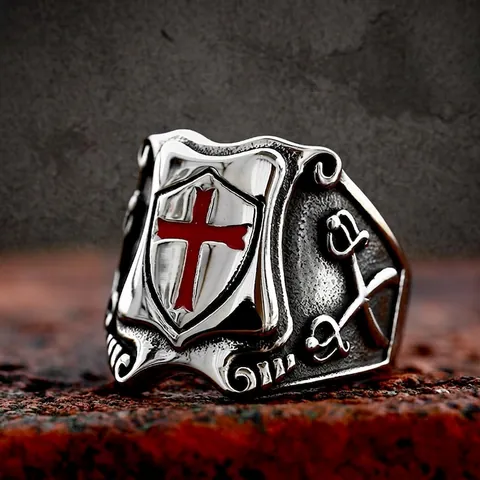 Orecchini a Bottone in Acciaio Inossidabile Vintage Uomo Anello Crociato Cavaliere Scudo Croce Rossa Spada Retro Gothic