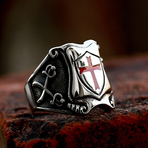 Orecchini a Bottone in Acciaio Inossidabile Vintage Uomo Anello Crociato Cavaliere Scudo Croce Rossa Spada Retro Gothic