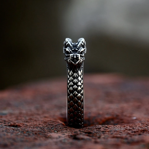 Anello Testa di Drago Vintage in Acciaio Inossidabile Uomo Punk Gotico Ouroboros Motivo Squame Gioielli Retrò Regalo