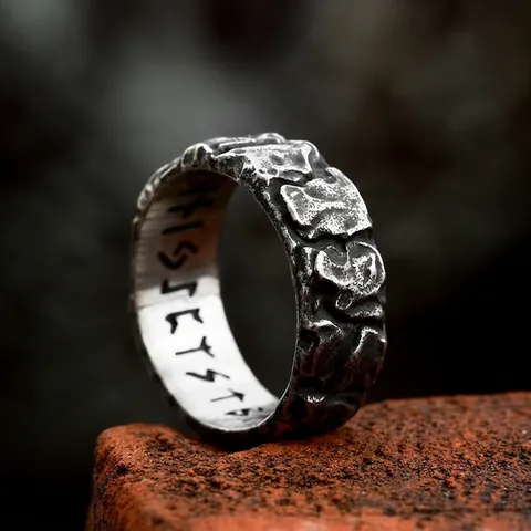 Vintage Nordic Viking Stainless Steel Rune Ring For Men Rock Texture Distressed Wide Band Industrial Retro Jewelry